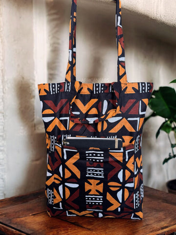 Shopper Tasche mit Afrikanischem Print - Braun Cross Bogolan - Wiederverwendbare Einkaufstasche aus Baumwolle