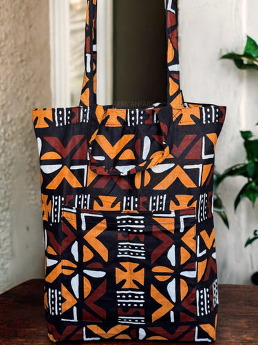 Shopper bag with African print - Brown Cross Bogolan - Reusable Cotton Tote Bag