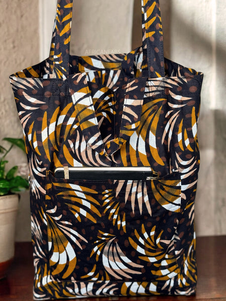 Shopper Tasche mit Afrikanischem Print - Mix Brown Federn - Wiederverwendbare Einkaufstasche aus Baumwolle