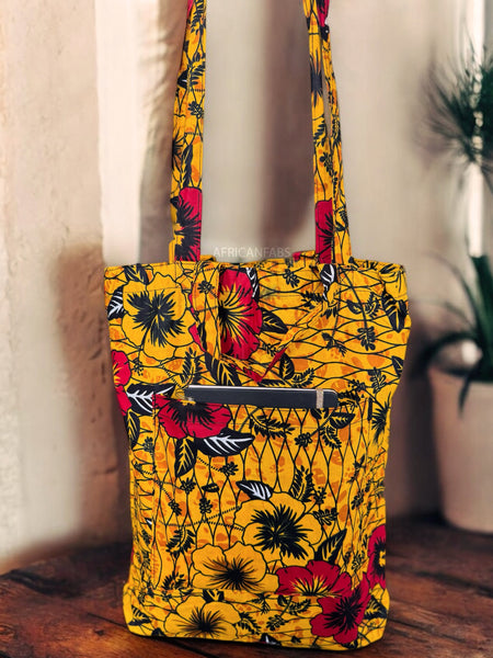 Shopper Tasche mit Afrikanischem Print - Gelb Flowers - Wiederverwendbare Einkaufstasche aus Baumwolle