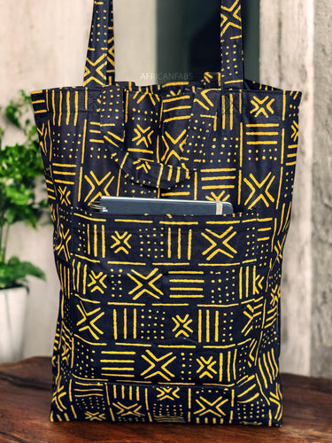 Shopper bag with African print - Black Yellow X Bogolan - Reusable Cotton Tote Bag