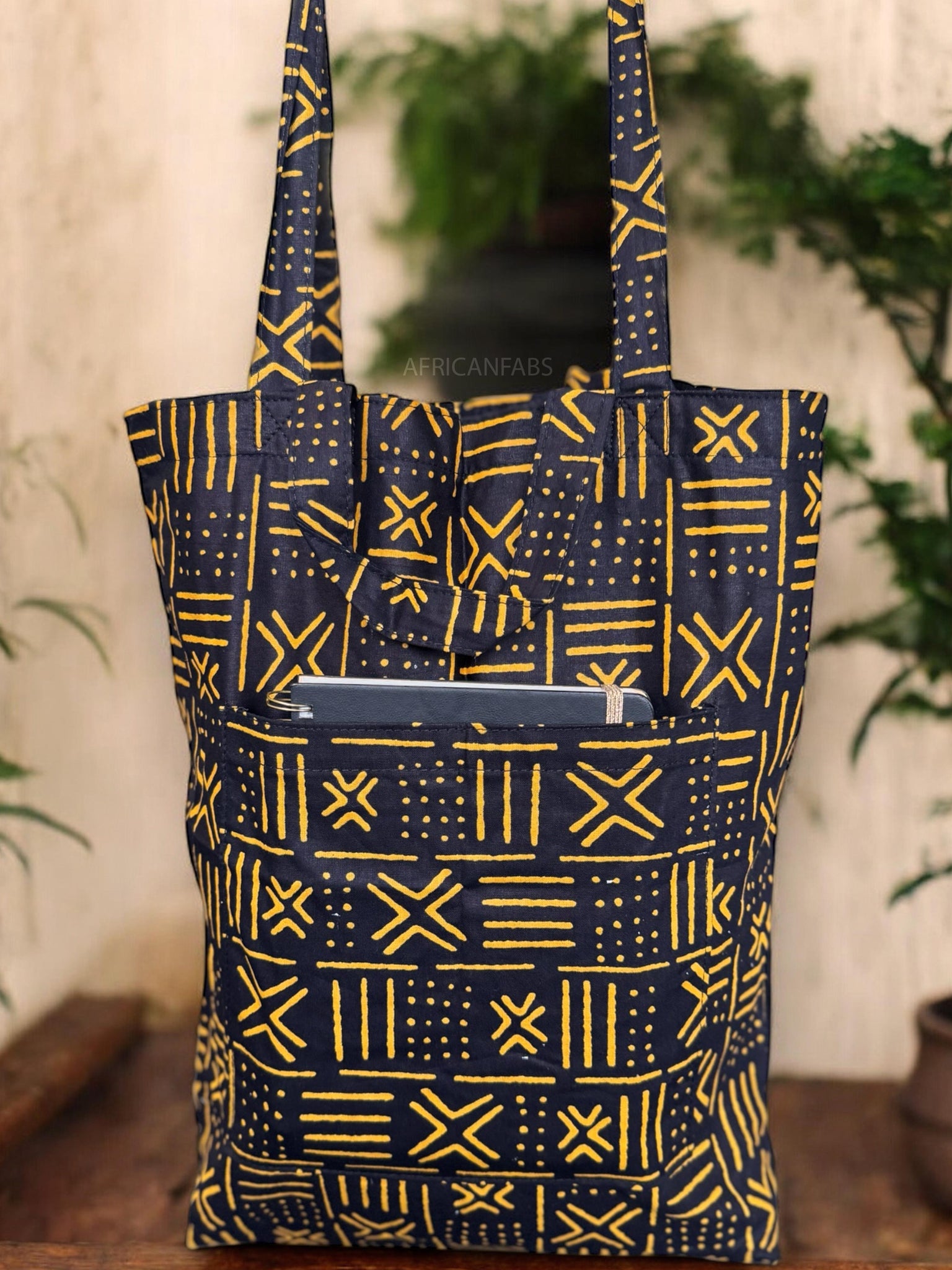 Shopper Tasche mit Afrikanischem Print - Schwarz Gelb X Bogolan - Wiederverwendbare Einkaufstasche aus Baumwolle