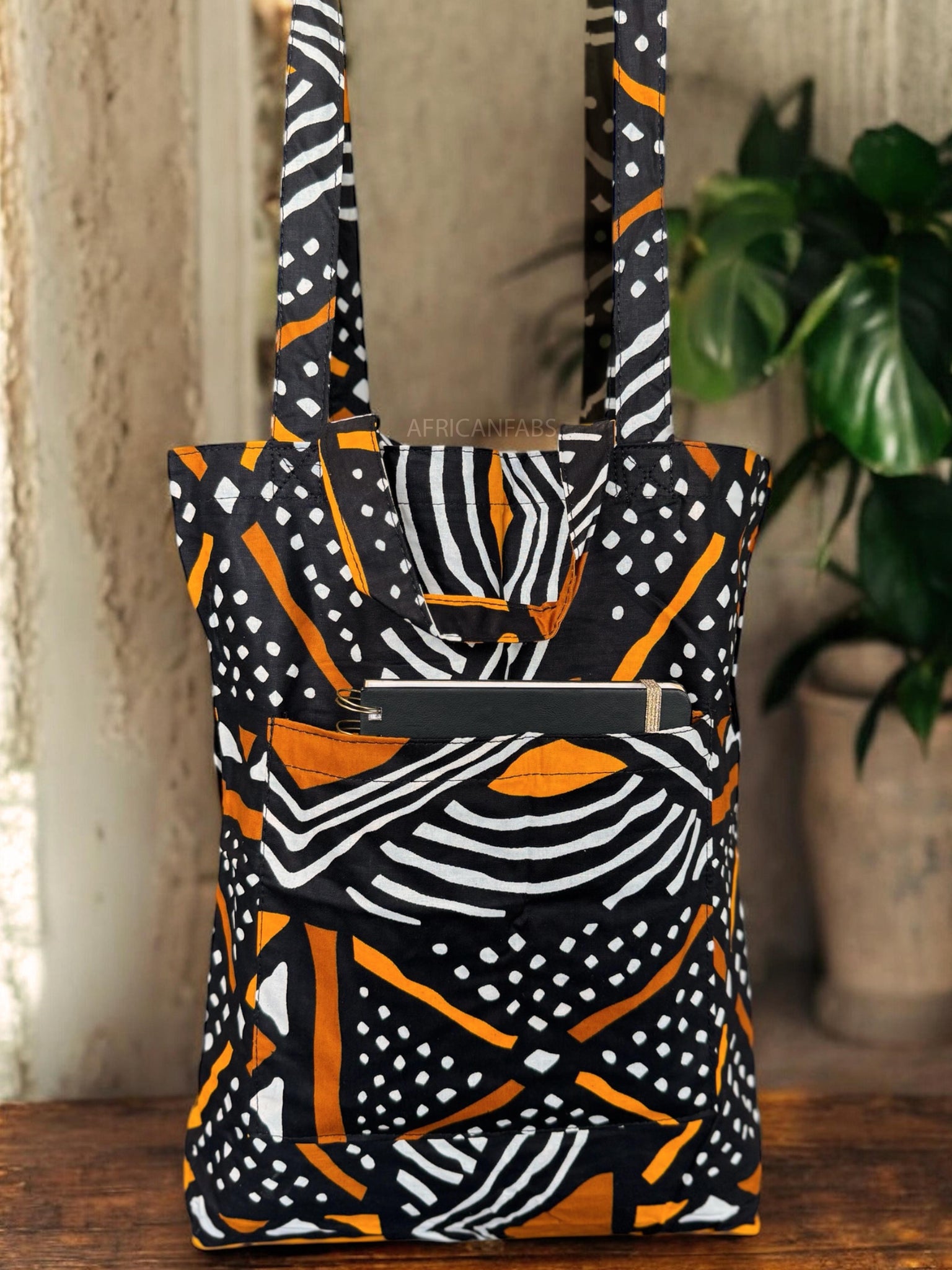 Shopper Tasche mit Afrikanischem Print - Schwarz Orange Bogolan - Wiederverwendbare Einkaufstasche aus Baumwolle