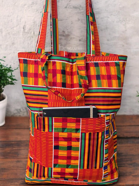 Shopper Tasche mit Afrikanischem Print - Orange Grun Kente - Wiederverwendbare Einkaufstasche aus Baumwolle