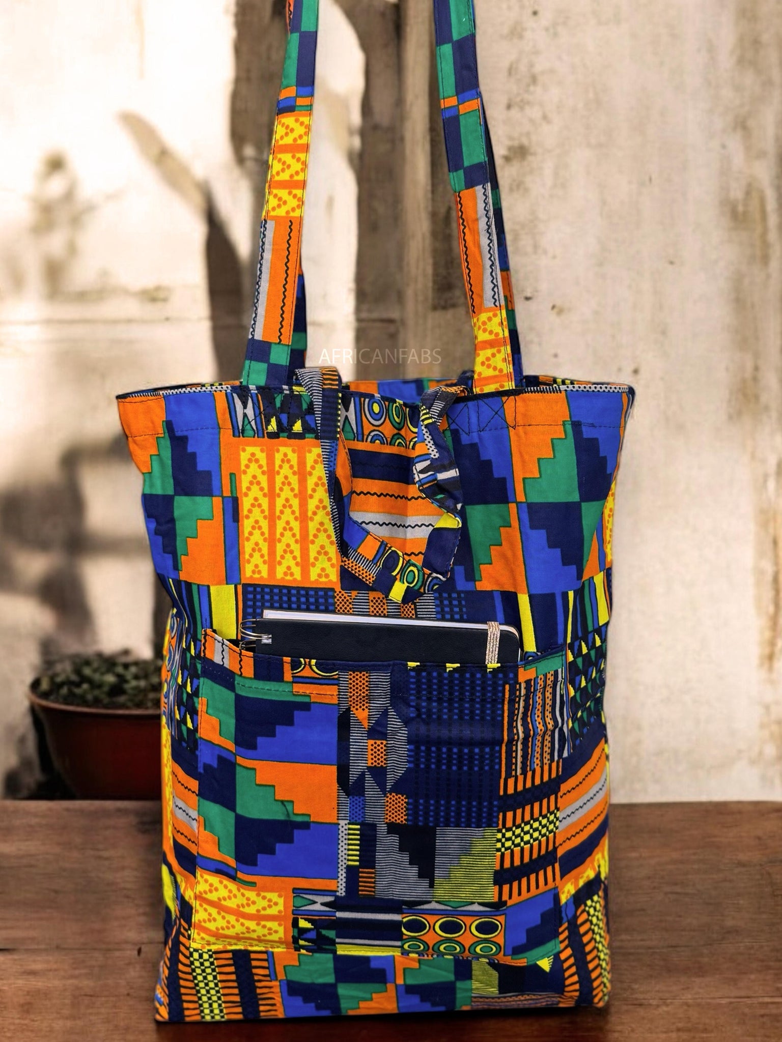 Shopper Tasche mit Afrikanischem Print - Blau Orange Kente - Wiederverwendbare Einkaufstasche aus Baumwolle