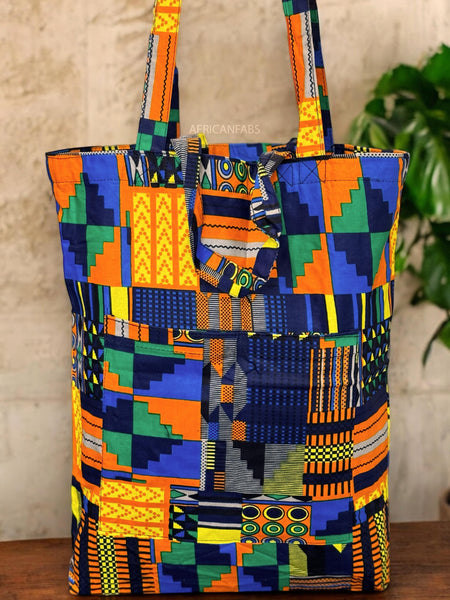 Shopper Tasche mit Afrikanischem Print - Blau Orange Kente - Wiederverwendbare Einkaufstasche aus Baumwolle