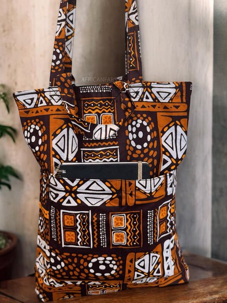 Shopper Tasche mit Afrikanischem Print - Braun Bogolan - Wiederverwendbare Einkaufstasche aus Baumwolle