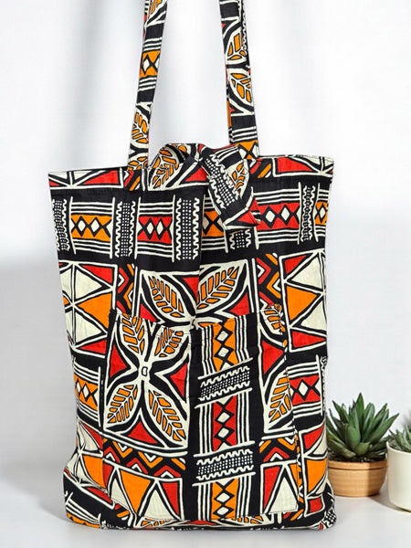 Shopper bag with African print - Orange - Reusable Cotton Tote Bag