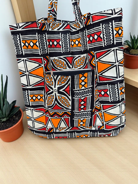 Shopper bag with African print - Orange - Reusable Cotton Tote Bag