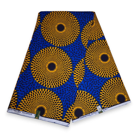 VLISCO Stoff Hollandais Afrikanischer Wax print - Blau / Gelb Record / Waterwell / Bullseye / Target / Nsu Bura