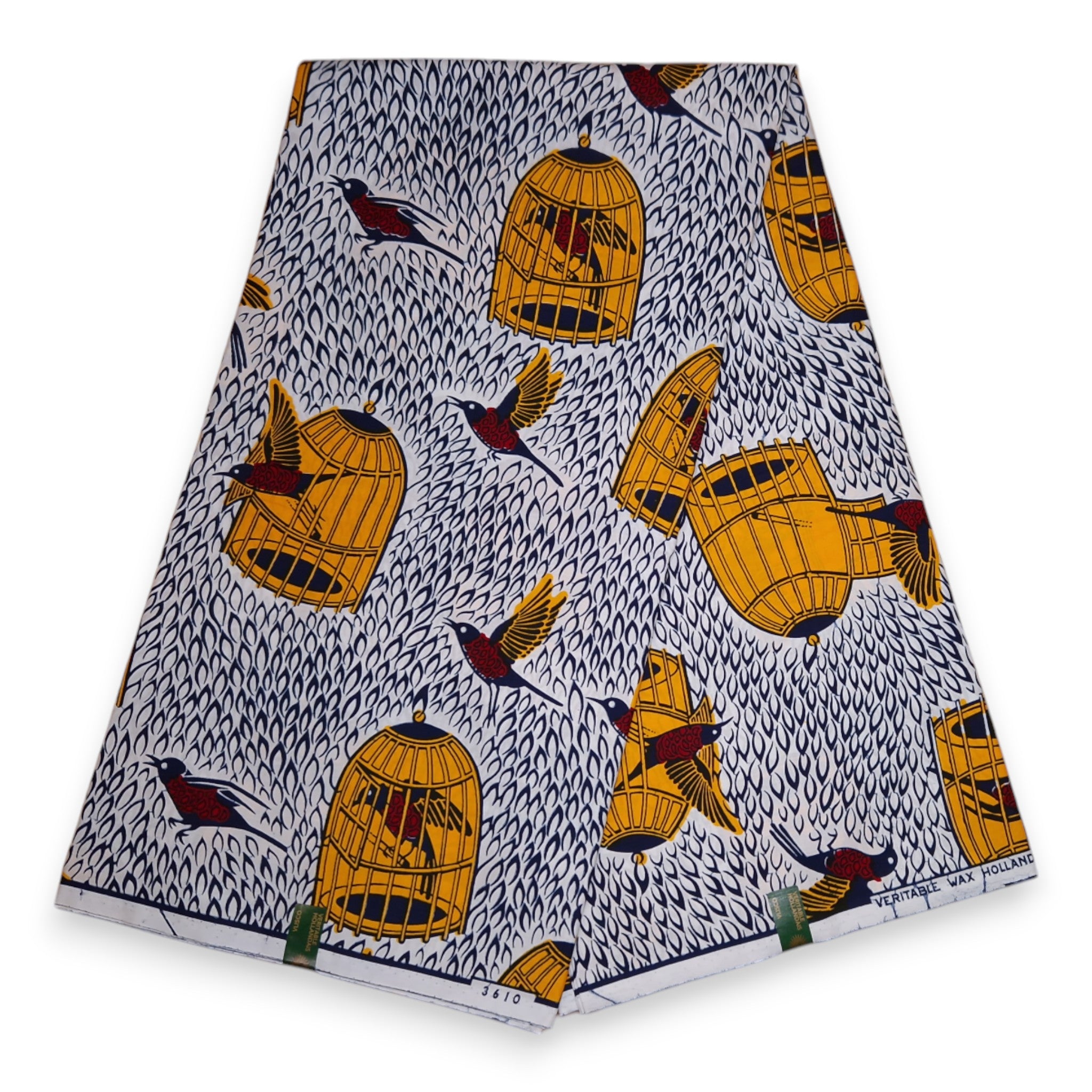 Tissu VLISCO Wax Hollandais - Oiseau en cage blanc jaune VL03610-041