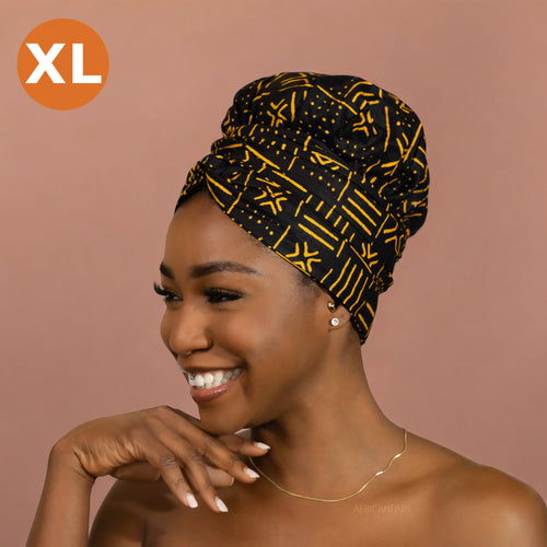 XL Easy headwrap / einfaches Kopftuch - Satinfutter - Schwarz x bogolan