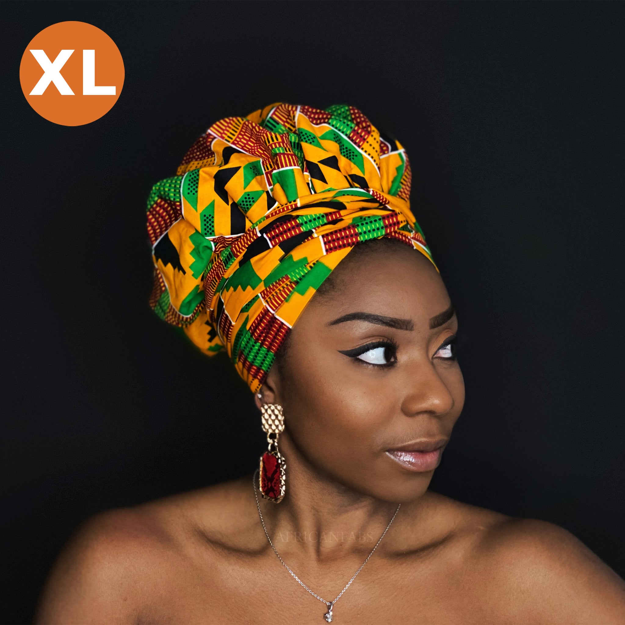 XL Turban facile - Bonnet en satin - Orange / vert kente