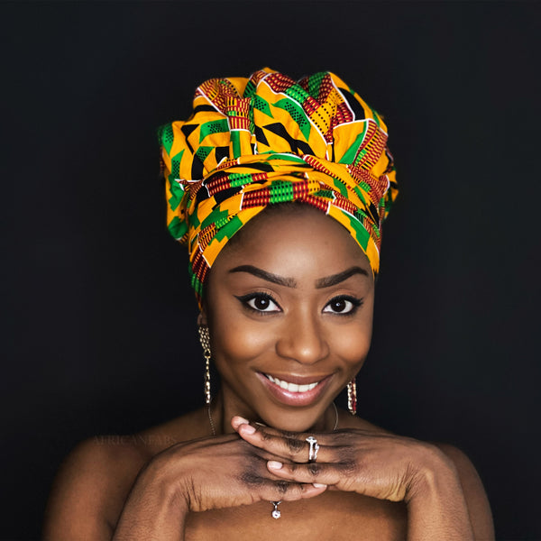 XL Turban facile - Bonnet en satin - Orange / vert kente