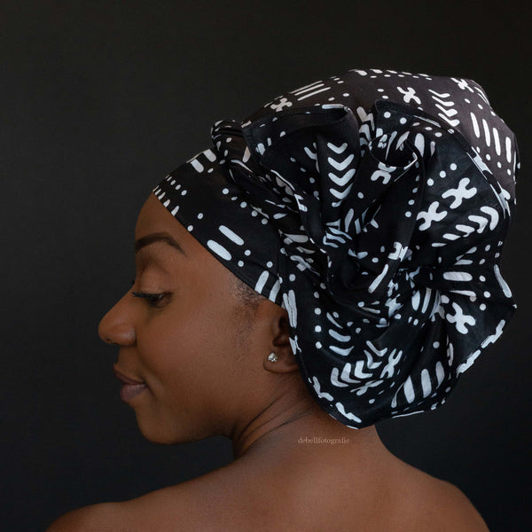 XL Easy headwrap / einfaches Kopftuch - Satinfutter - Schwarz bogolan