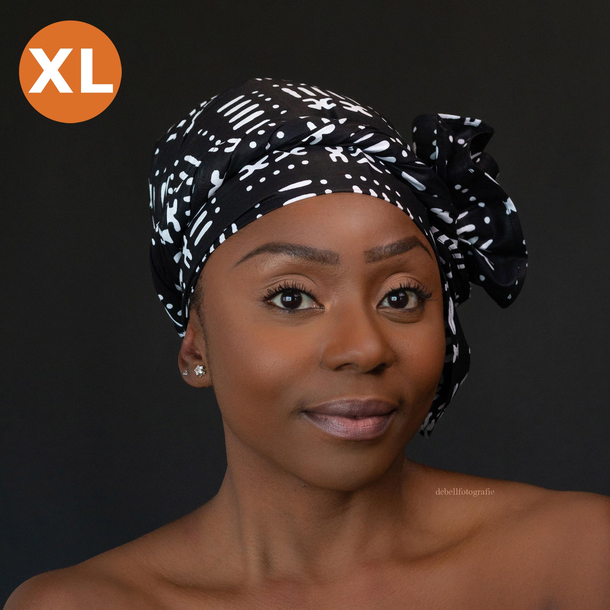 XL Easy headwrap / einfaches Kopftuch - Satinfutter - Schwarz bogolan