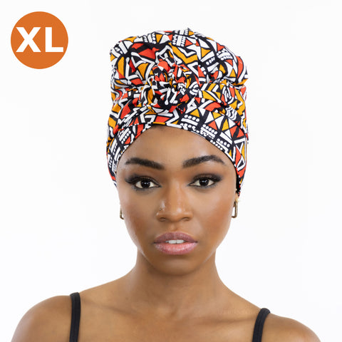 XL Easy headwrap / einfaches Kopftuch - Satinfutter - Rot / Orange Bogolan