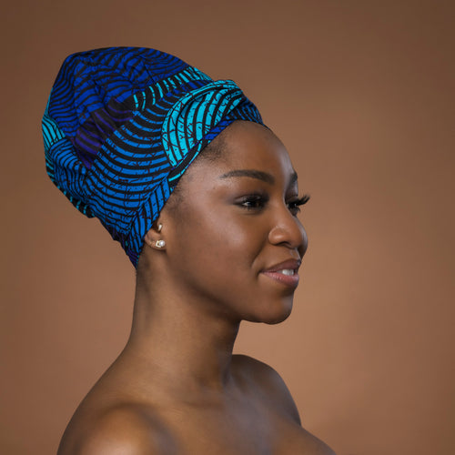 XL Easy headwrap / einfaches Kopftuch - Satinfutter - Blau Türkis Concentric Circle Design