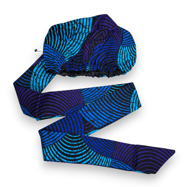 XL Easy headwrap / einfaches Kopftuch - Satinfutter - Blau Türkis Concentric Circle Design