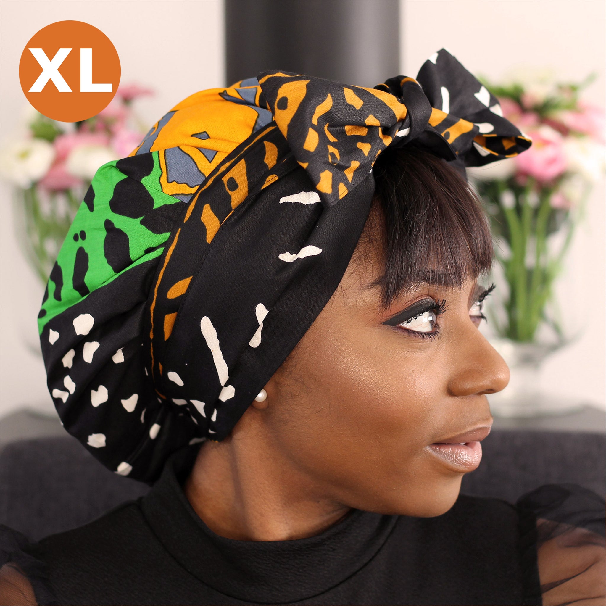 XL Easy headwrap - Satin lined hair bonnet - Green Bogolan