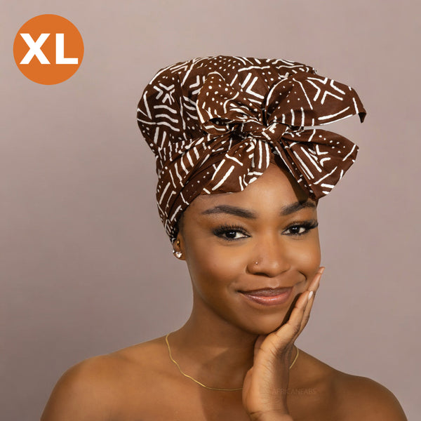 XL Easy headwrap - Satin lined hair bonnet - Brown x Bogolan