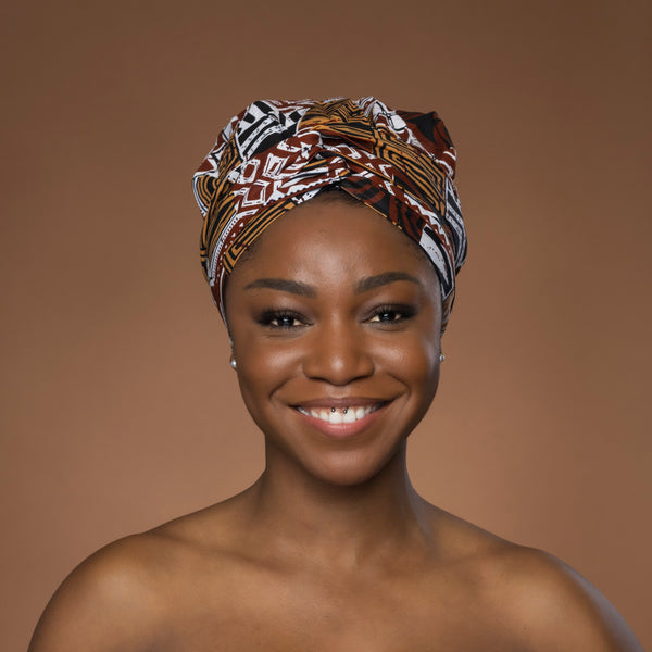 XL Easy headwrap / einfaches Kopftuch - Satinfutter - Braun Bogolan Mosaic