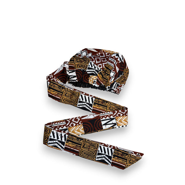 XL Easy headwrap / einfaches Kopftuch - Satinfutter - Braun Bogolan Mosaic