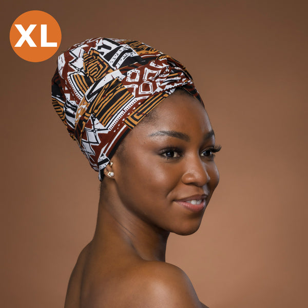 XL Easy headwrap - Satin lined hair bonnet - Brown Bogolan Mosaic