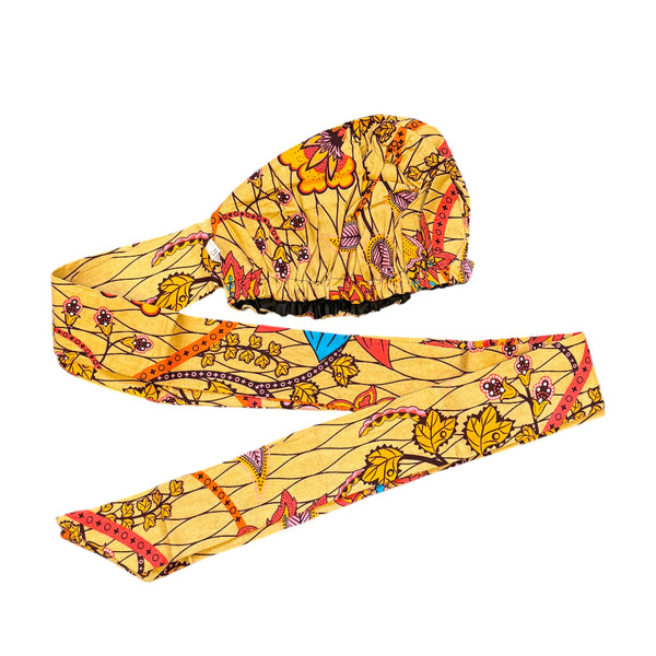 XL Easy headwrap / einfaches Kopftuch - Satinfutter - Beige Orange Botanical Flow