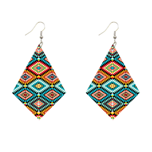 African Print Earrings | Rhombus shaped blue wooden earrings
