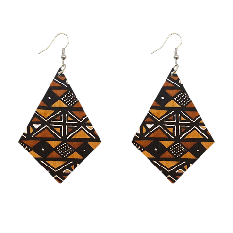 African Print Earrings | Rhombus shaped brown wooden earrings