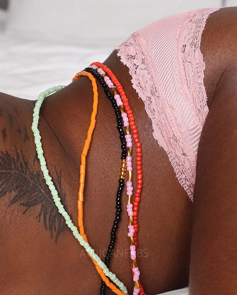 Waist Beads / Afrikanische Taillenkette - ADU - Weiß / Rot (elastisch)