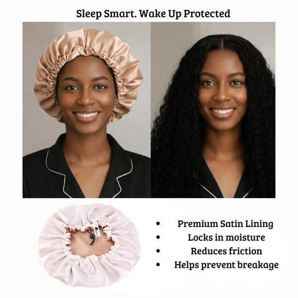 SATIN SET - Protect your hair & skin - Khaki Satin Hair Bonnet + Satin Pillowcase + Scrunchie