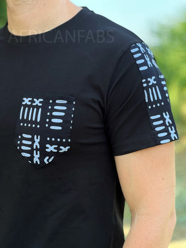 T-shirt avec détails d'imprimés africains - manches bogolan noir et poche poitrine