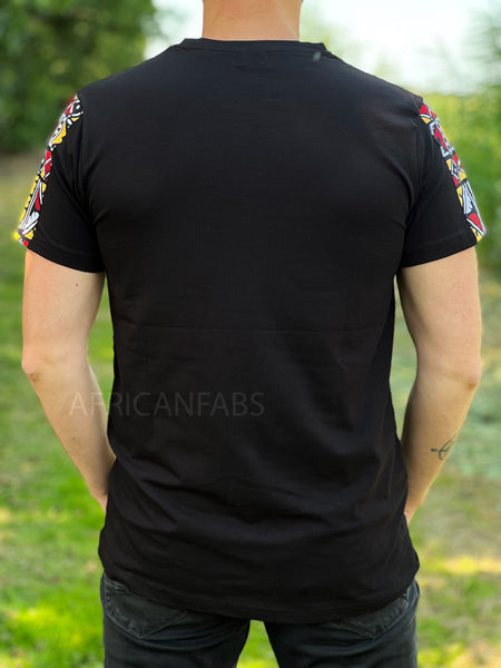T-Shirt mit afrikanischem Druck - kastanien-rot Bogolan-Ärmel und Brusttasche