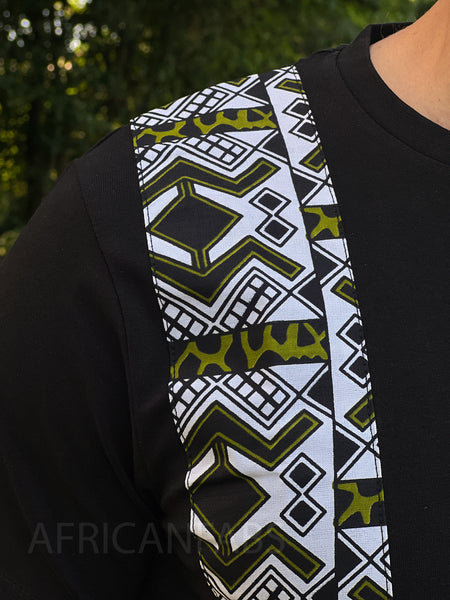 T-Shirt mit afrikanischem Druck - Weiss/grüner Bogolan-Reifen