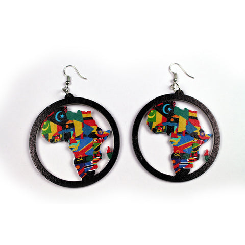 Schwarz Ohrringe aus Holz | Afrikanischer Kontinent mit allen Länderflaggen