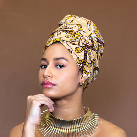 Easy headwrap - Satin lined hair bonnet - Beige / Yellow Leaf Branch