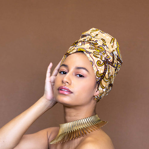 Easy headwrap - Satin lined hair bonnet - Beige / Yellow Leaf Branch