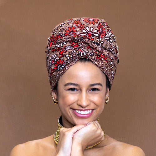 Easy headwrap - Satin lined hair bonnet -  Red flowerfields