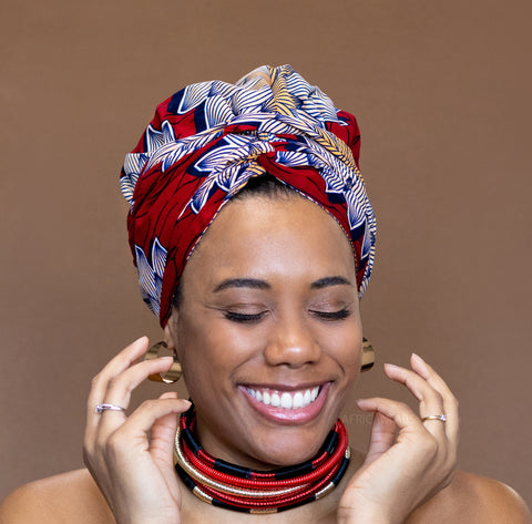 Easy headwrap - Satin lined hair bonnet -  Red flower