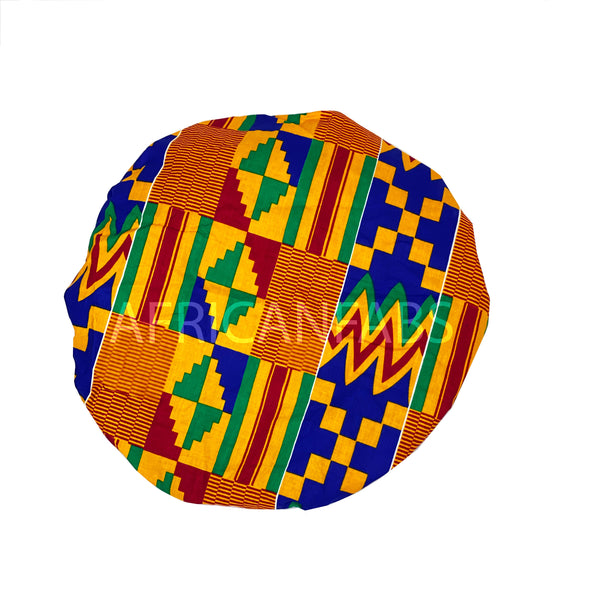 Afrikanischer Kente Print Schlafhaube / Hair Bonnet - Orange / Blau ( Baumwolle mit Satinfutter )