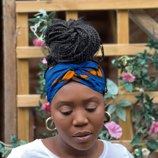 Haarband / Stirnband / Kopfband in Afrikanischer Print - Blau / Orange VLISCO