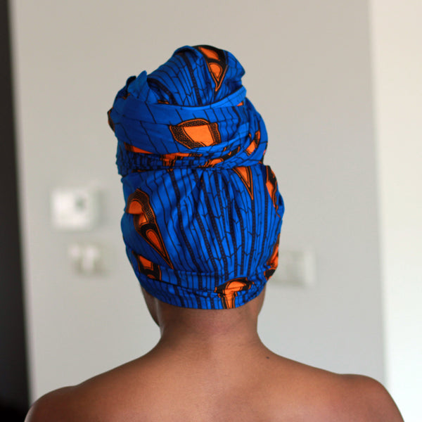 Afrikanisches Kopftuch / Vlisco headwrap - Blau / Orange electric bulb