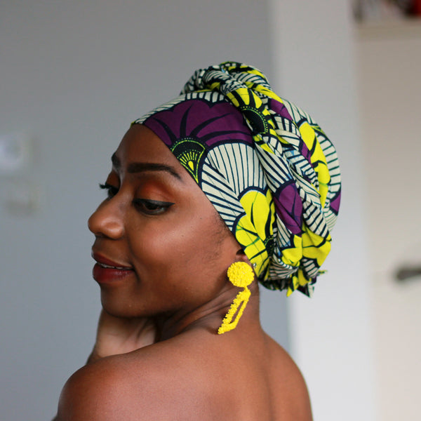 Afrikanisches Kopftuch / Vlisco headwrap - Lila / Gelbe Wedding Flowers