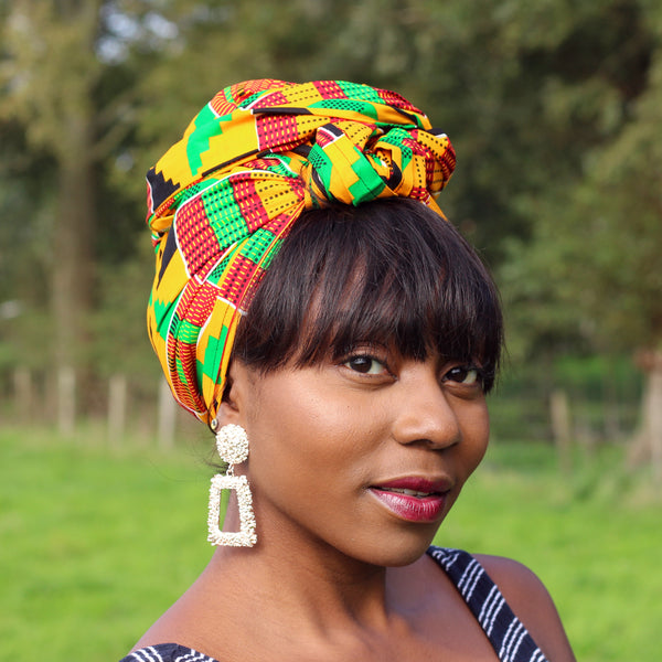 African headwrap - Green / yellow blocks kente print