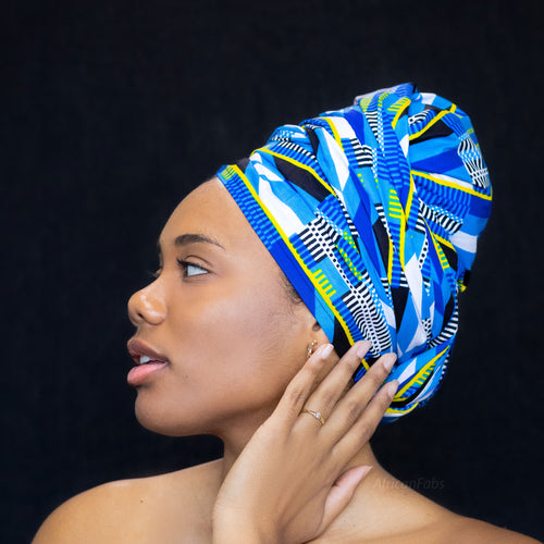 Afrikanisches Kopftuch / headwrap - Blau Weiss kente