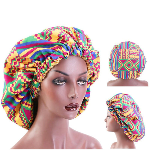 Afrikanischer Kente Print Schlafhaube - Lila / Grün / Satin Hair Bonnet