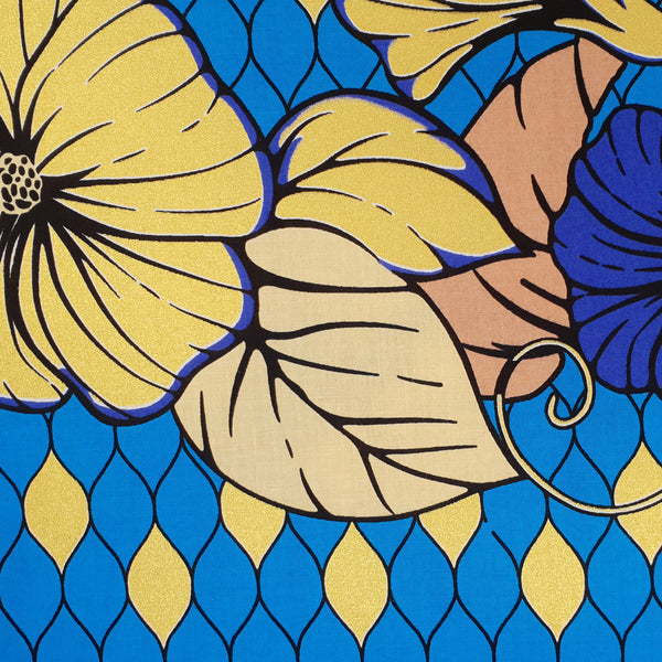 Afrikanischer Stoff - Grand Wax - Blau Gold Blumen - mit Gold verschönert