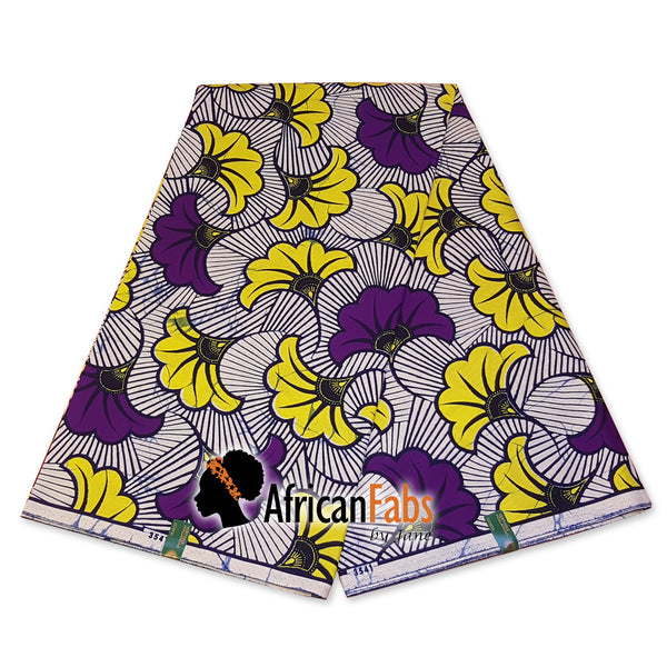 Foulard africain / Turban wax - Violet / Jaune fleurs de mariage (Vlisco)